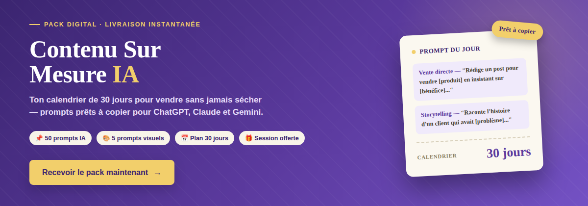 Contenu Sur Mesure IA — Ton calendrier de 30 jours pour vendre sans jamais sécher