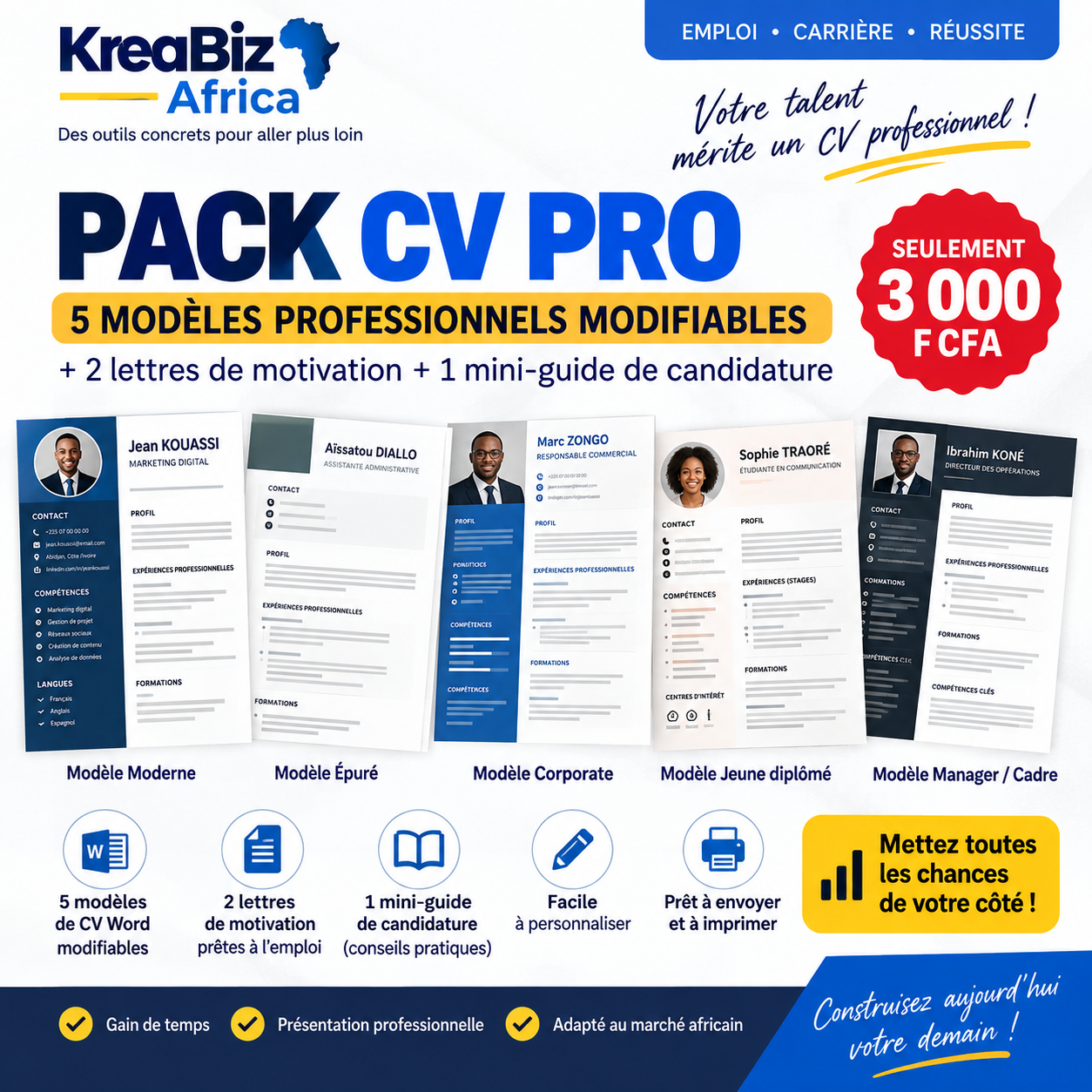 Pack CV Pro – 5 CV Premium + 2 Lettres de Motivation | PowerPoint Modifiable