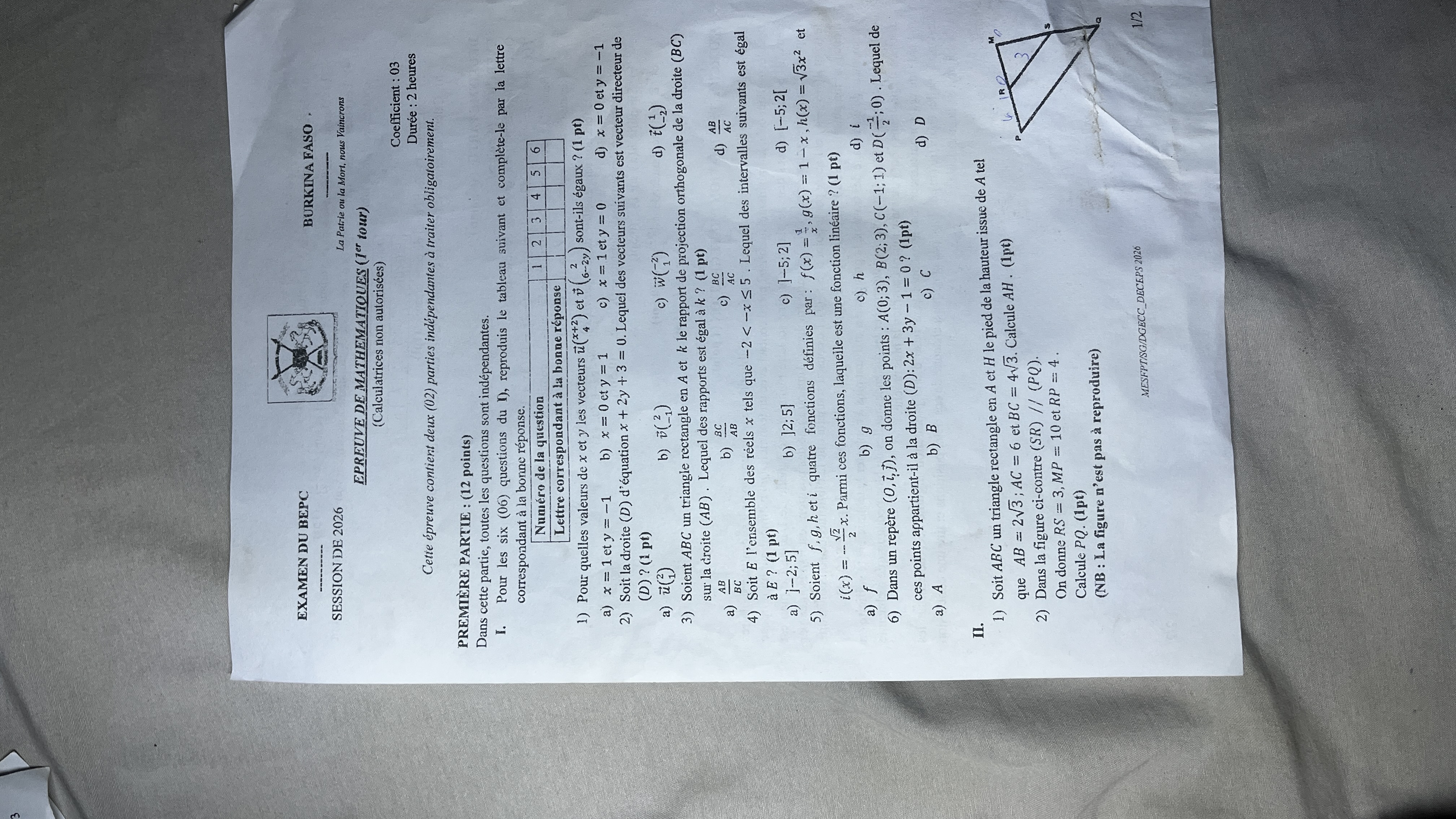 Examen du BEPC 2026 (BF 1er tour)Math