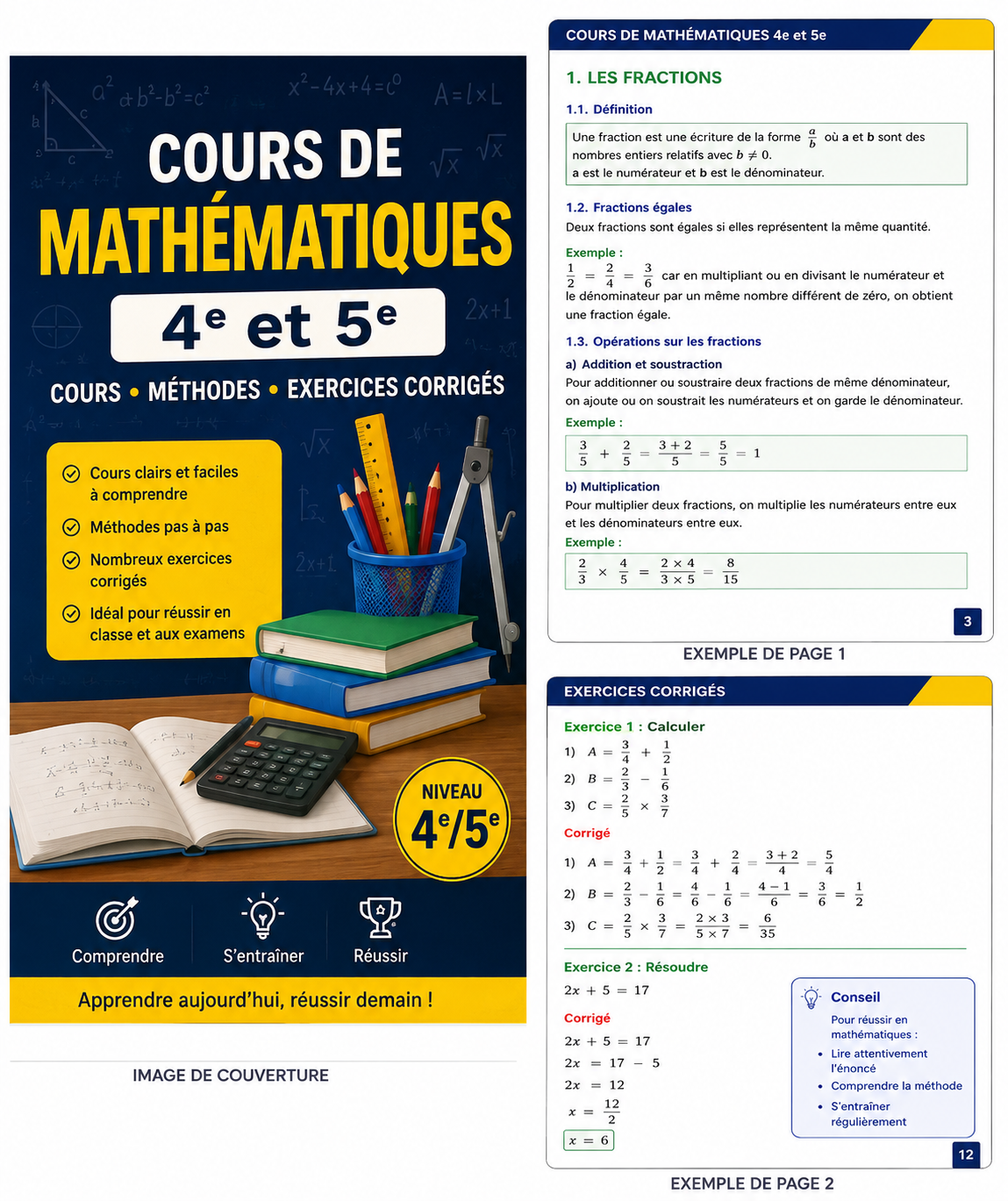 Cours de Mathématiques 4e et 5e – Exercices corrigés