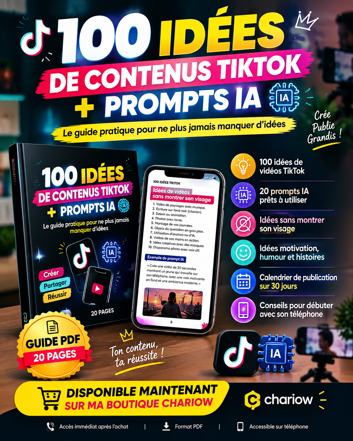 100 idées de contenus TikTok + prompts IA — Guide du débutant