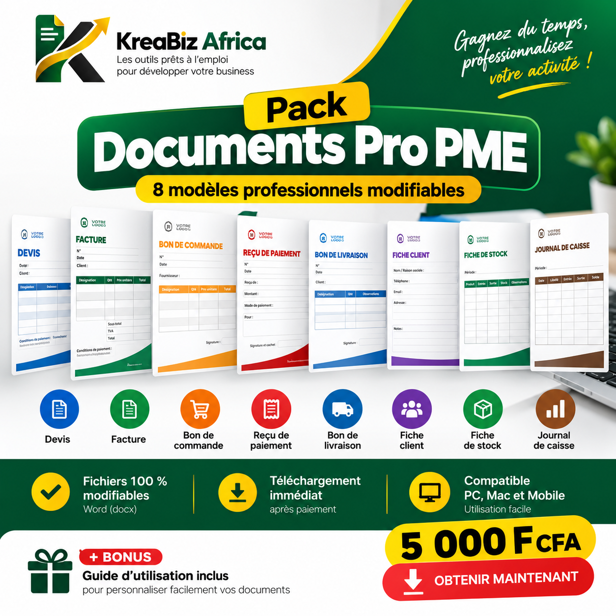 Pack Documents Pro PME – 8 modèles professionnels modifiables