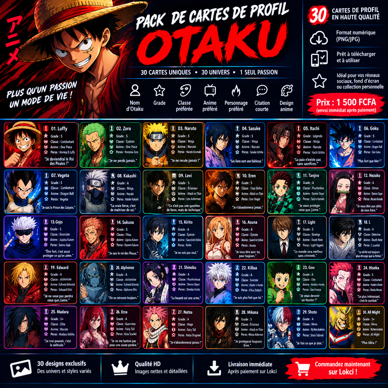 Pack de 30 Cartes de Profil Otaku