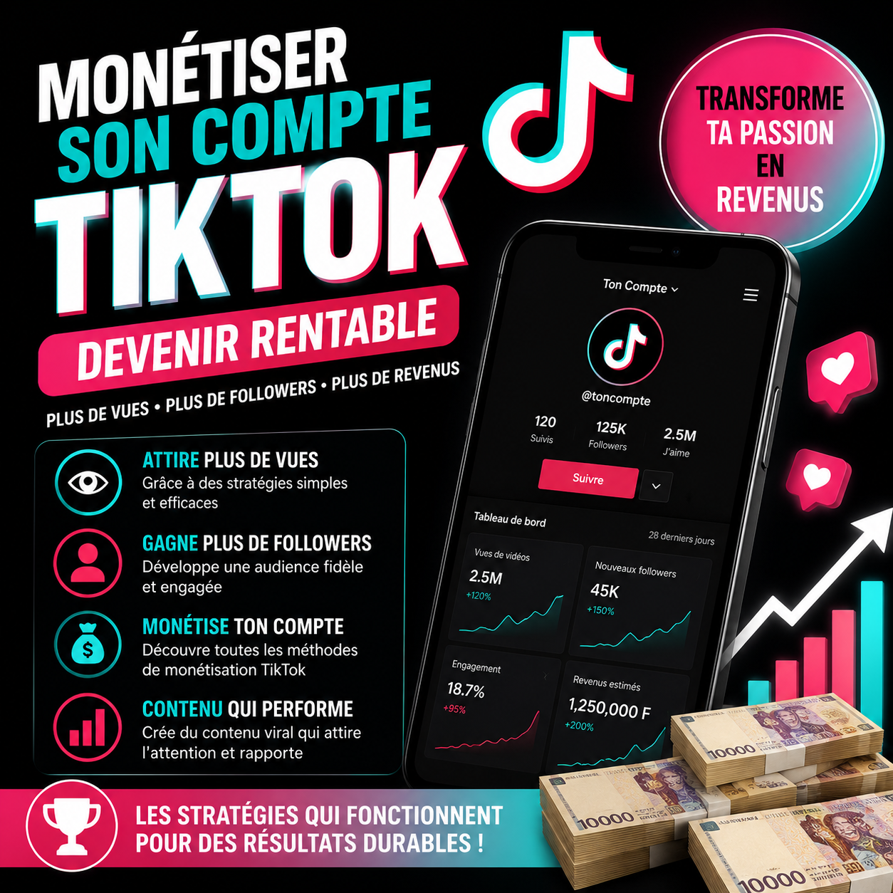 Monétisation d'un compte Tik Tok enfin d'augmenter ses vues et followers et devenir un(e) influenceur rentable qui signe des partenariats